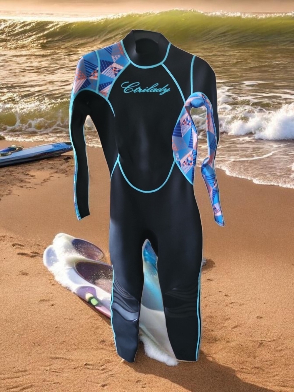 Women's Full Body Black & Teal Long-Sleeve One-Piece Wetsuit